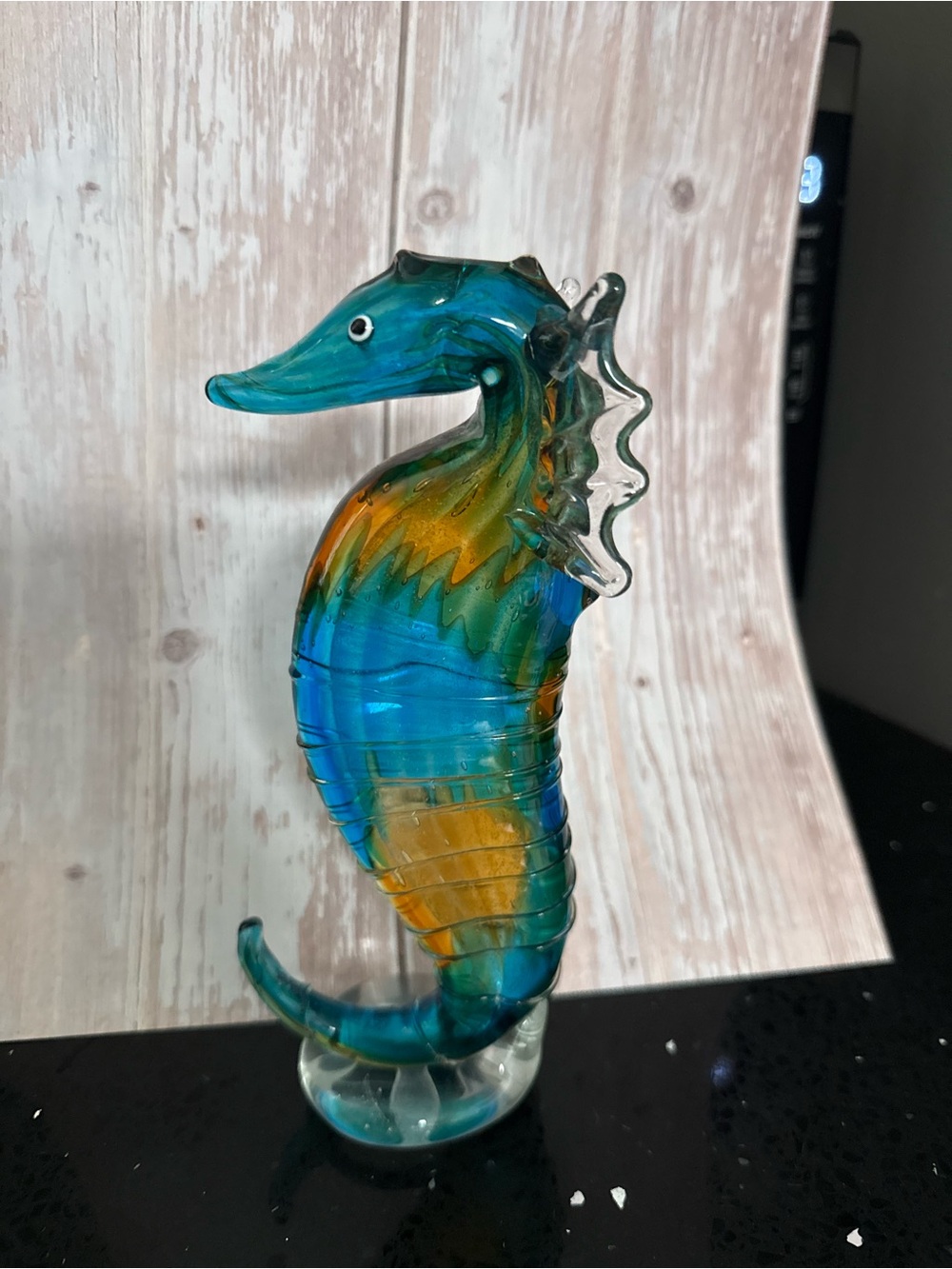 Handblown Glass Seahorse Sculpture in Blue and Amber
